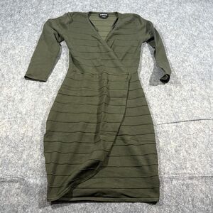 Bebe Dress Womens Green Bandage Stretch Bodycon Knit Sheath 3/4 Sleeve S Flaw
